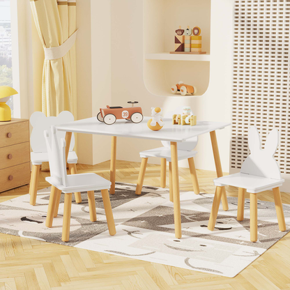 Big Kids Table and 4 Chairs Set, 5 Pieces Toddler Table and Chair Set, Wooden Activity Play Table Set (White)