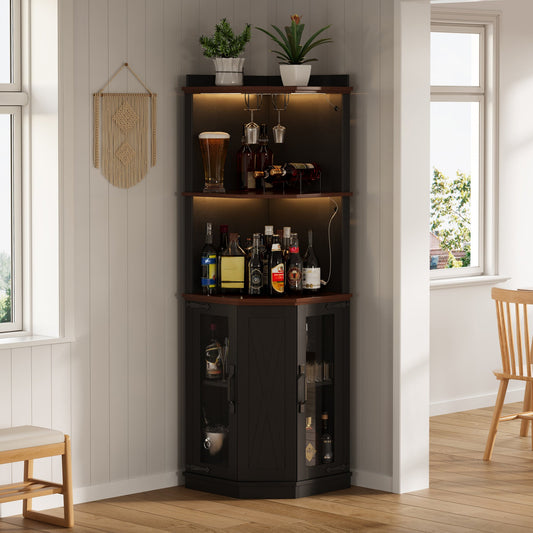 67.3" Corner Bar Cabinet with Power Outlet, Farmhouse Wine Bar Cabinet with Adjustable Shelves for Home,with Lights & Glass Rack for Dining Room, Living Room, Kitchen