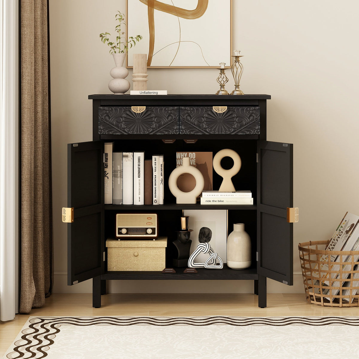 Hand-Carved Accent Cabinet, Black Wooden Storage Cabinet with Drawer & Doors, Floral Embossed Sideboard with Gold Handles for Entryway, Living Room, 14.97"x31.5"x36.82"
