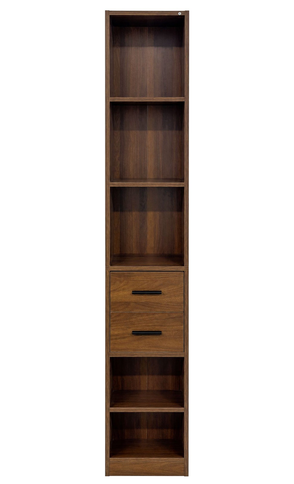 Tall Narrow Bookshelf, Slim Floor-Standing Storage Cabinet with 2 Drawers & 5 Open Shelves, Display cabinet for Living Room, Bedroom, Bathroom