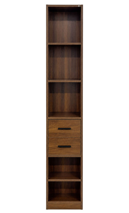 Tall Narrow Bookshelf, Slim Floor-Standing Storage Cabinet with 2 Drawers & 5 Open Shelves, Display cabinet for Living Room, Bedroom, Bathroom