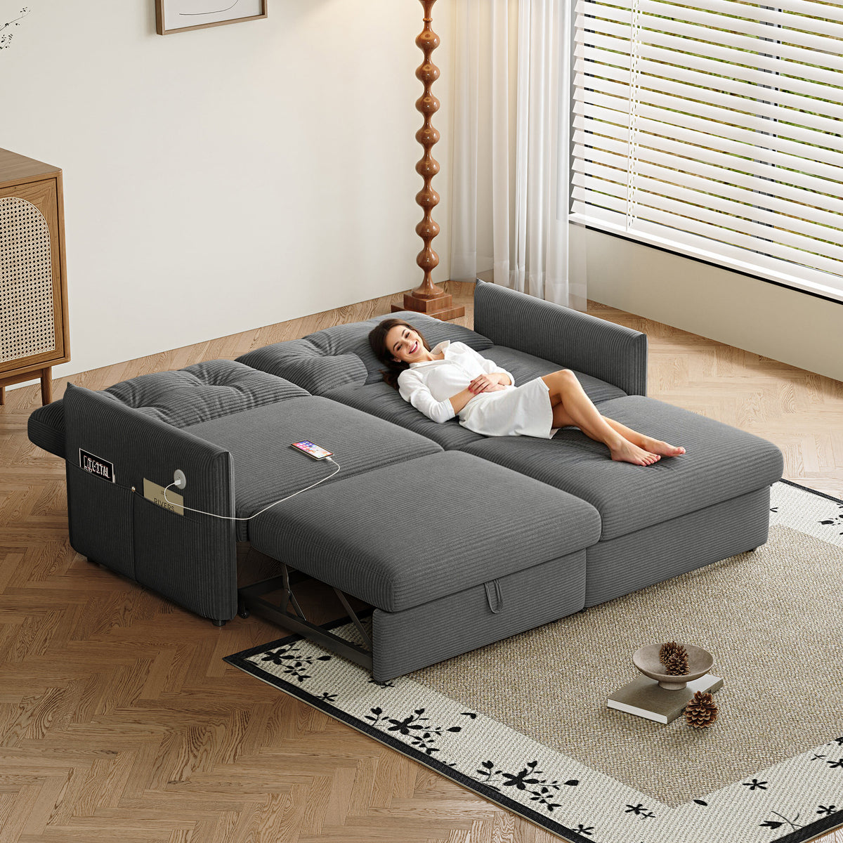 Sleeper Sofa, 69.7' Pull-Out Bed Storage Sectional, Convertible 2-in-1 Sofa Bed with Ottoman, Cozy Multi-Functional Futon for Small Spaces, Corduroy Fabric, Ideal for Living Room & Bedroom