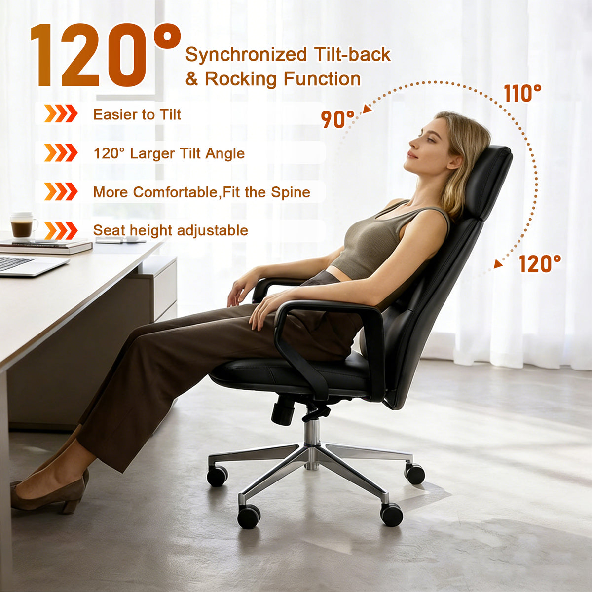 FurniBaron PU Leather High Back Office Chair with , ergonomic lumbar support 400lbs, sturdy metal base, 360° silent wheels, fit for home and office