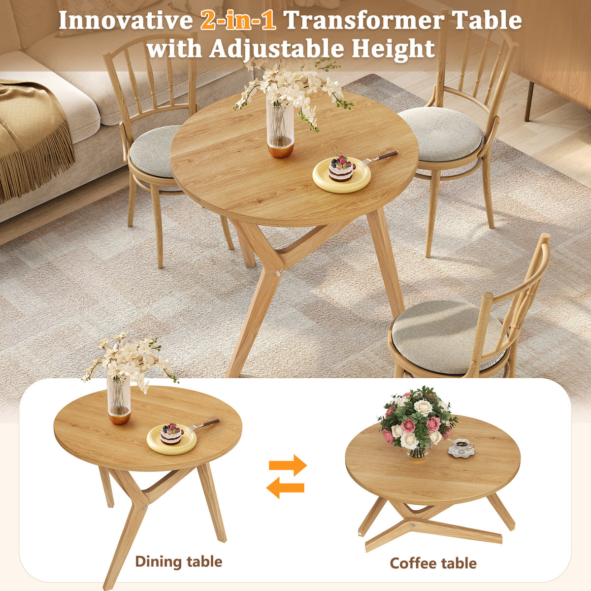 Round 2-in-1 Transformer Coffee Table with Adjustable Height, 16.5" for Coffee Table, 29.5" for Cocktail Table, Solid Wood, 34.5"