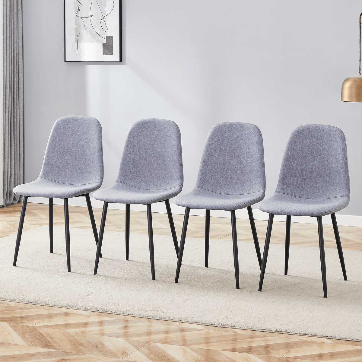 Luxury Simple Chair - Set of 4 Light Gray Linen-Cotton Material High Resilience Dining Chair with Metal Black Leg.Integral metal leg architecture,Suitable for various interior decoration styles.
