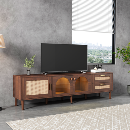 Modern 70 inch TV Stand in Dark Brown with App-Controlled LED Lights, Rattan Doors, 2 Drawers & Glass Door Storage, MDF and Solid Wood Frame