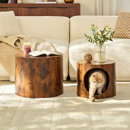 Cat Nest Nesting Stool Set Round Nesting Coffee Table Set of 2 for Living Room,No Assembly Dark Brown