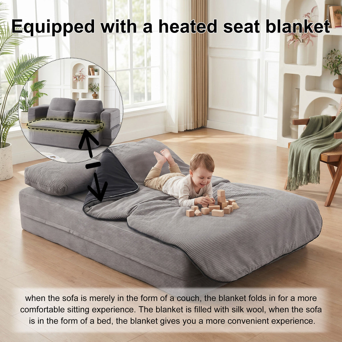 75'' 2-in-1 Foldable Sofa Bed with Multi-Functional Blanket in Grey Corduroy, Convertible Floor Lounge for Living Room Bedroom Studio