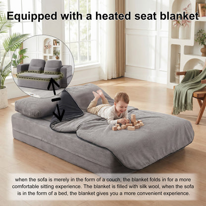 75'' 2-in-1 Foldable Sofa Bed with Multi-Functional Blanket in Grey Corduroy, Convertible Floor Lounge for Living Room Bedroom Studio