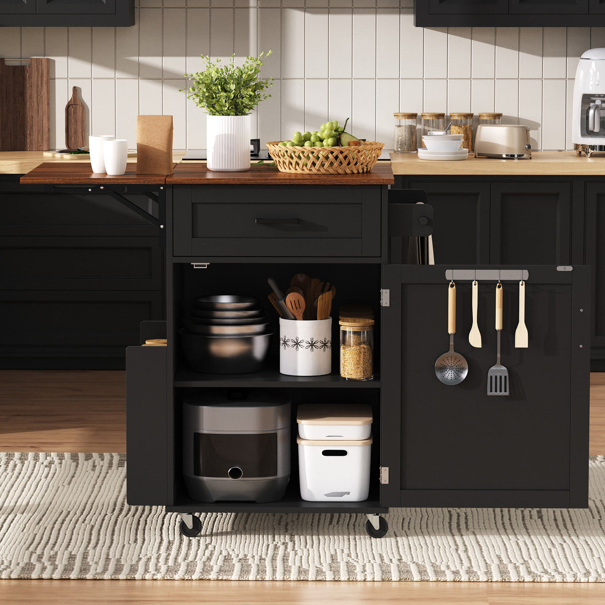 K&K 39.3" Farmhouse Kitchen Island with Drop Leaf, Kitchen Storage Island with Open Side Rack, One Drawer, Towel Rack – Black