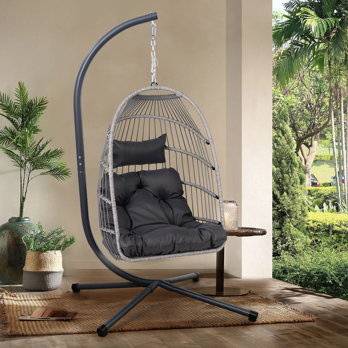 Foldable Hanging Egg Chair with Stand and Pillow, HDPE Rattan and Heavy Duty Aluminum-Steel Frame, Outdoor Patio Wicker Swing Egg Chair with Headrest and Cushioned, 350 Lbs Capacity (Gray)