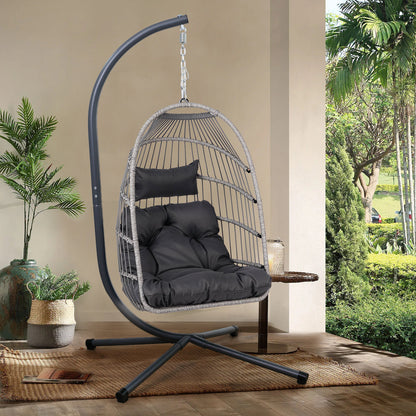 Foldable Hanging Egg Chair with Stand and Pillow, HDPE Rattan and Heavy Duty Aluminum-Steel Frame, Outdoor Patio Wicker Swing Egg Chair with Headrest and Cushioned, 350 Lbs Capacity (Gray)