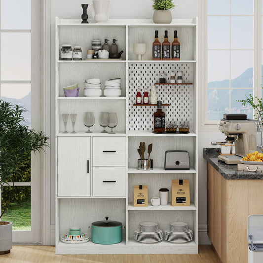 Bookshelf and Bookcase with Pegboard and Drawer or Kitchen Pantry Cabinet , 9 Cubby Display Book Shelves, Modern Wide Wood Shelving Unit for Living Room or Kitchen and Dinning Room,White