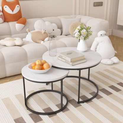 Nesting Coffee Table Set of 2, 27.6inch Round Coffee Table Wood Marble Pattern Top with Sturdy Metal Frame - White
