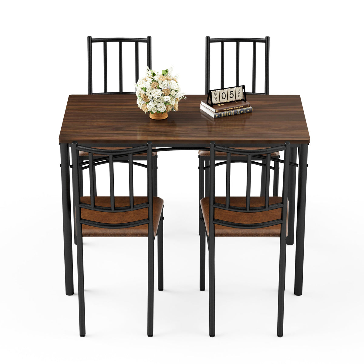 Dining Table Set, Bar Table with 4 Dining Benches, Kitchen Table Counter with Chairs, Industrial for Kitchen Breakfast Table, Party Room – Walnut