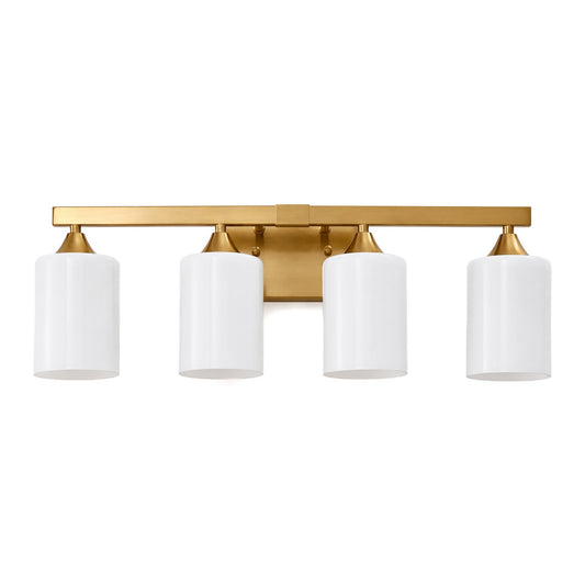 4-Light Brushed Gold Modern Bath Vanity Wall Light, Metal Sconce with Cylinder Frosted Glass Shade for Hotel & Home Bathroom(No light bulb)