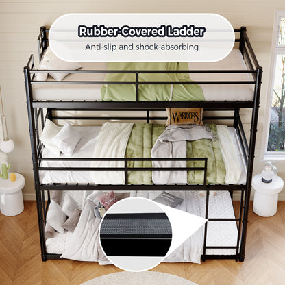 Metal Triple Bunk Bed Twin over Twin over Twin, Heavy Duty 3-in-1 Convertible Metal Bunk Bed Frame with Ladders, Guardrails & Anti-Tip Kit, Space-Saving Bed for Kids, Teens, Adults, No Box Spring Need