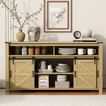 U_STYLE 59.3''Sideboard with Sliding Barn Door and Mesh Panels,Farmhouse Buffet with Open Storage,Suitable for Living Room, Hallway, Balcony,Kitchen, Office