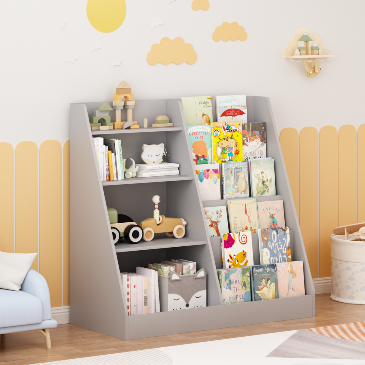 Kids Bookshelf and Toy Storage Organizer, Multifunctional 4 Tier Wooden Kids Book Shelf with Bookcase Display Stand, Children, Toddlers - Gray – Model W808P434870