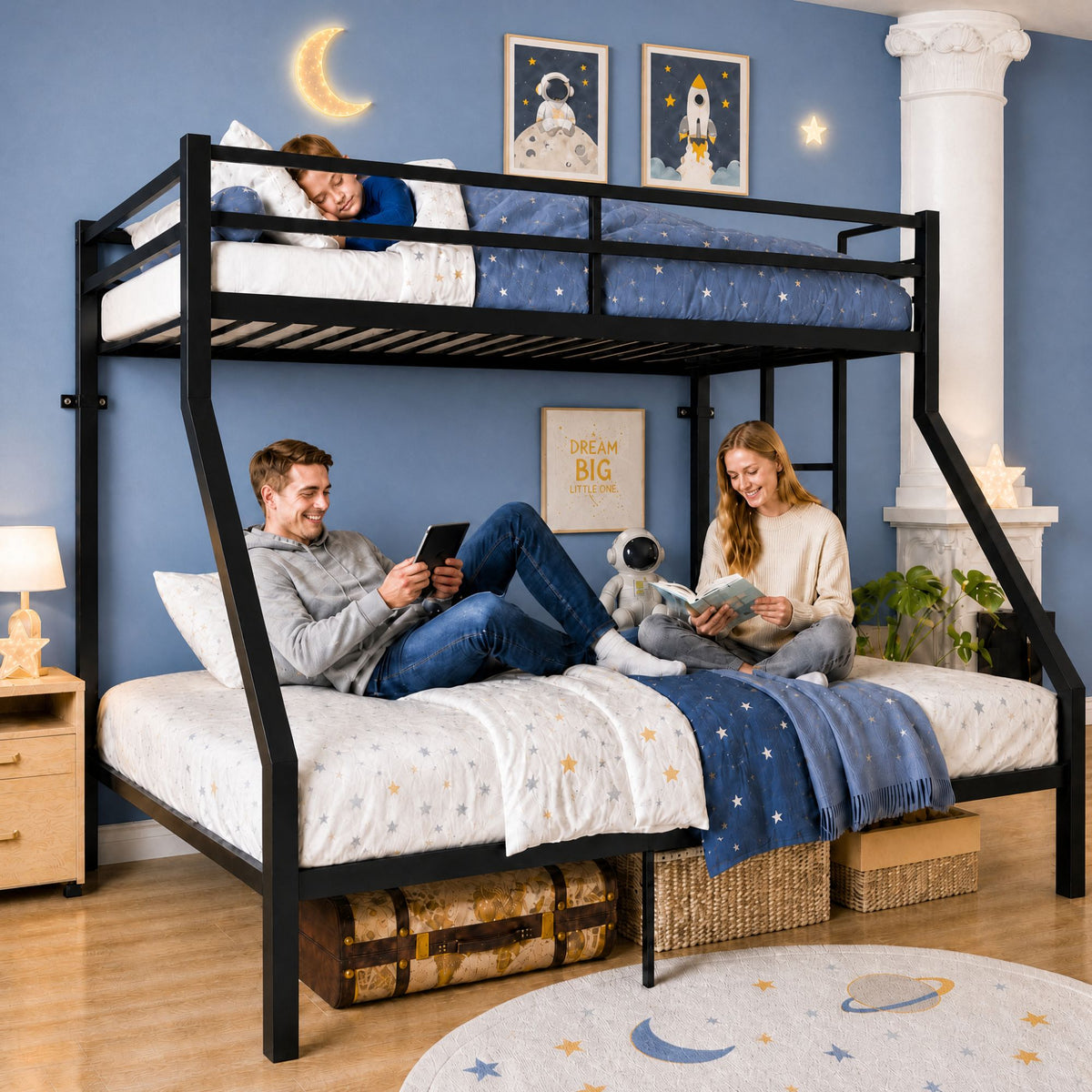 Heavy Duty Twin over Queen Metal Bunk Bed with 1200 LBS Capacity, Noise-Free Structure with Wall Mount & Anti-Slip Ladder