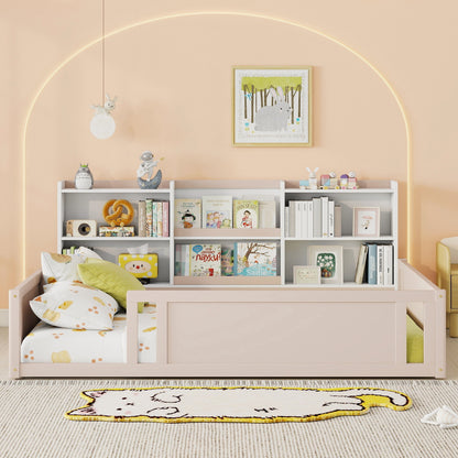 Full Size Wooden Platform Floor Bed with Guardrail Fence and Convenient Side Storage Shelves, Space-Saving Kids Bed Frame,Nude and White