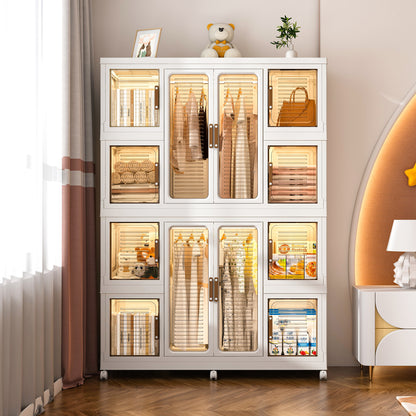 Portable Wardrobe Closet Storage Organizer for Clothes with Magnetic Doors, 12 Cubes & 2 Hanging Rods, White