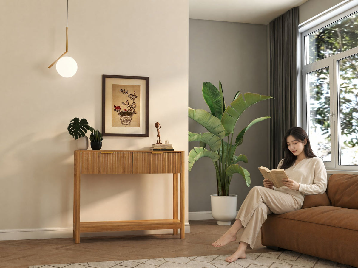 Mid-Century Modern Fluted Console Table with 2 Drawers & Open Shelf, Oak Finish Narrow Entryway Table, Slim Sofa Table for Hallway, Living Room, Small Spaces, Easy Assembly