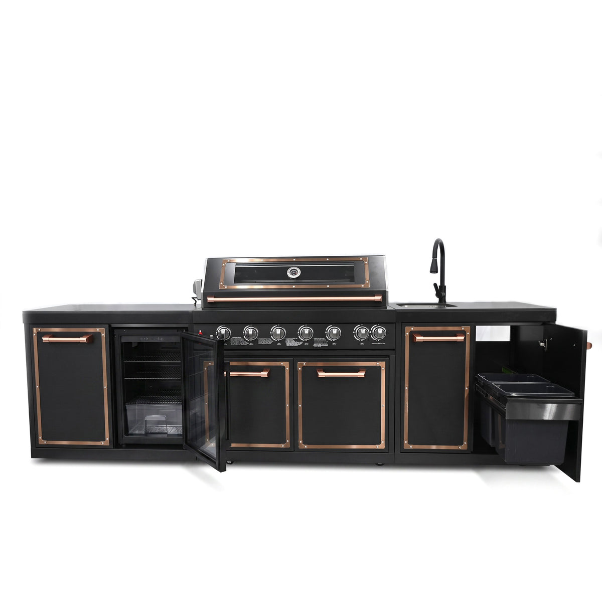 Luxury Black Titanium Outdoor Kitchen Island, 6-Burner 87,900 BTU Gas Grill with Infrared Rear Burner, 70L Refrigerator, Sink, Pull-Out Trash Bin, Rotisserie & Cover, Black/Rose Gold