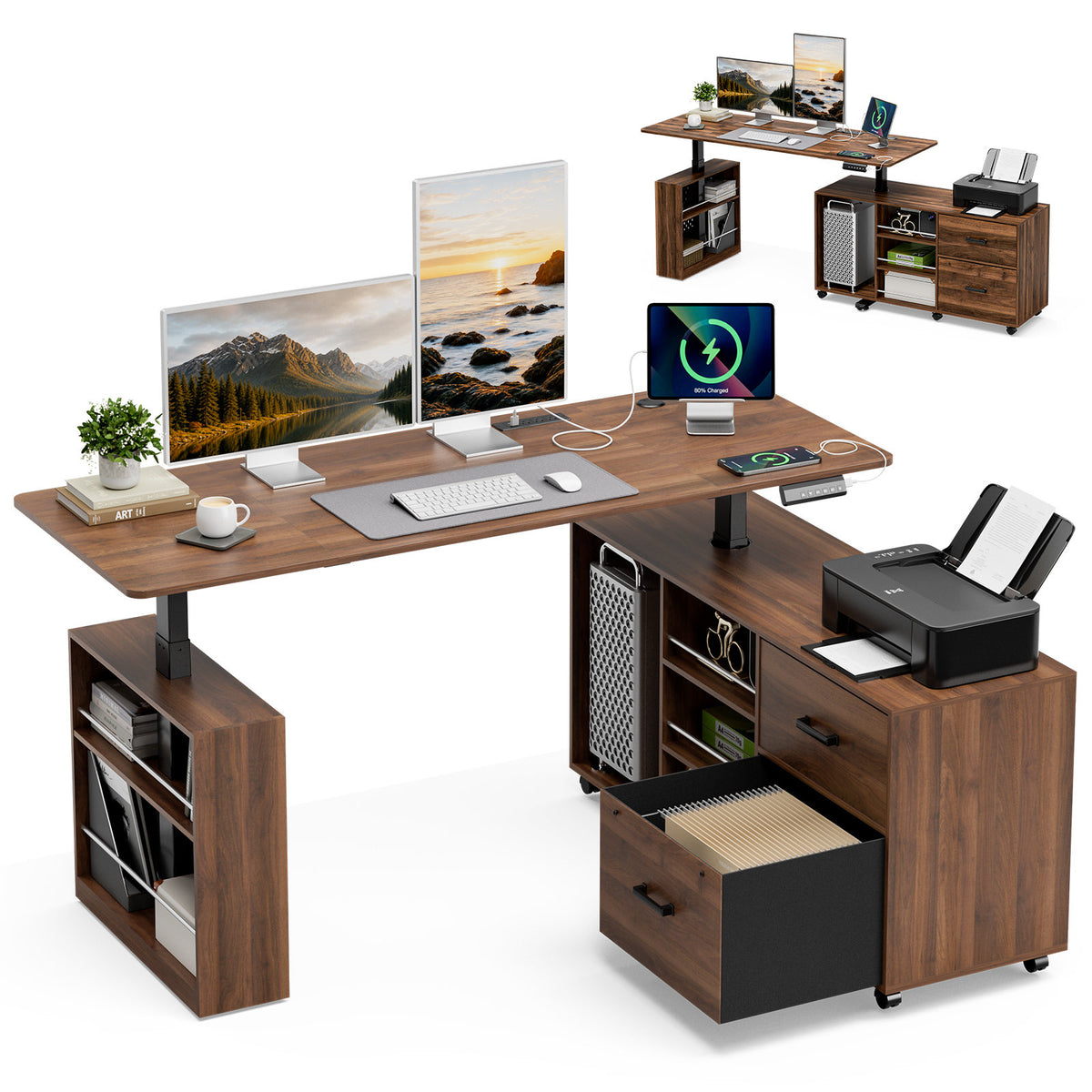 63' L-Shaped Electric Standing Desk with Drawers, Power Outlet & Storage, Height Adjustable Corner Desk with Monitor Stand and Cable Management