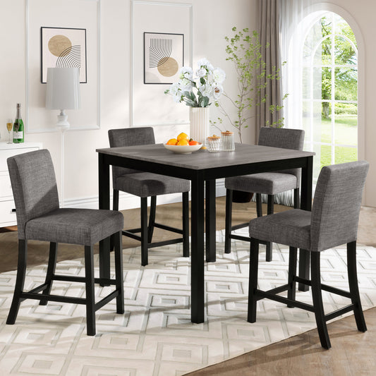 Modern 5-Piece Counter Height Dining Set with 4 Chairs for Kitchen or Dining Room - Light Grey & Black Two-Tone Wooden Table Set