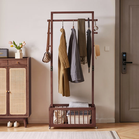 Solid Wood Freestanding Coat Rack with Rolling Wheels & Storage Basket, 27.56'×15.75'×70.87', Walnut Finish Clothes Hanger Stand with Side Hooks, Garment Rack for Bedroom, Entryway, Living Room