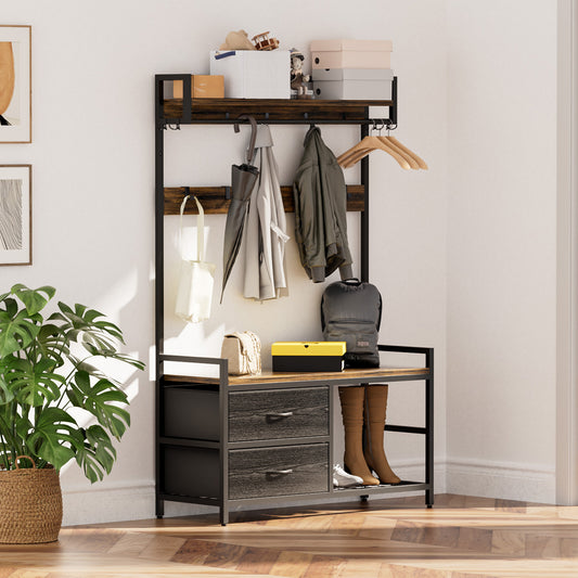 33.1" Wide Hall Tree with 2 Movable Drawers, Shoe Storage, Shelves and Garment Racks