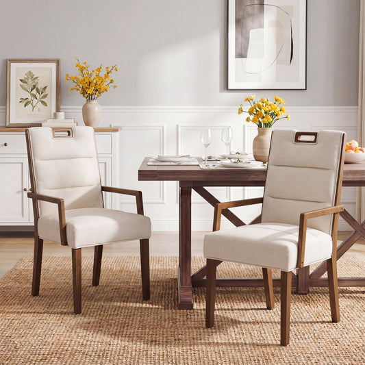 Upholstered Dining Chairs with Armrests, Beige Fabric & Walnut Rubber Wood Frame, Set of 2