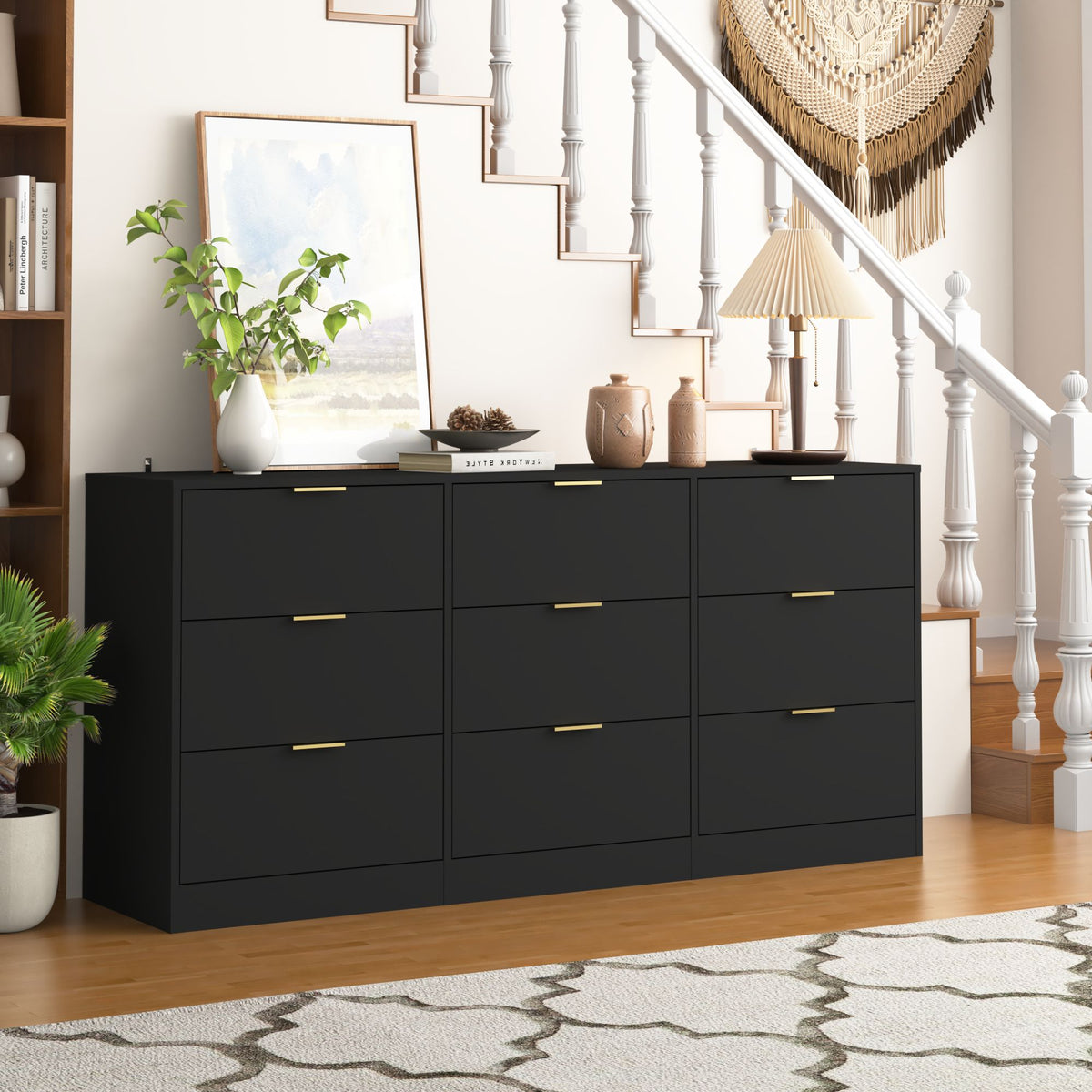 Black 9 Drawer Dresser, 63" Large Deep Chest of Drawers, Wooden Dresser Storage Cabinet with 9 Drawers, Long Dressers