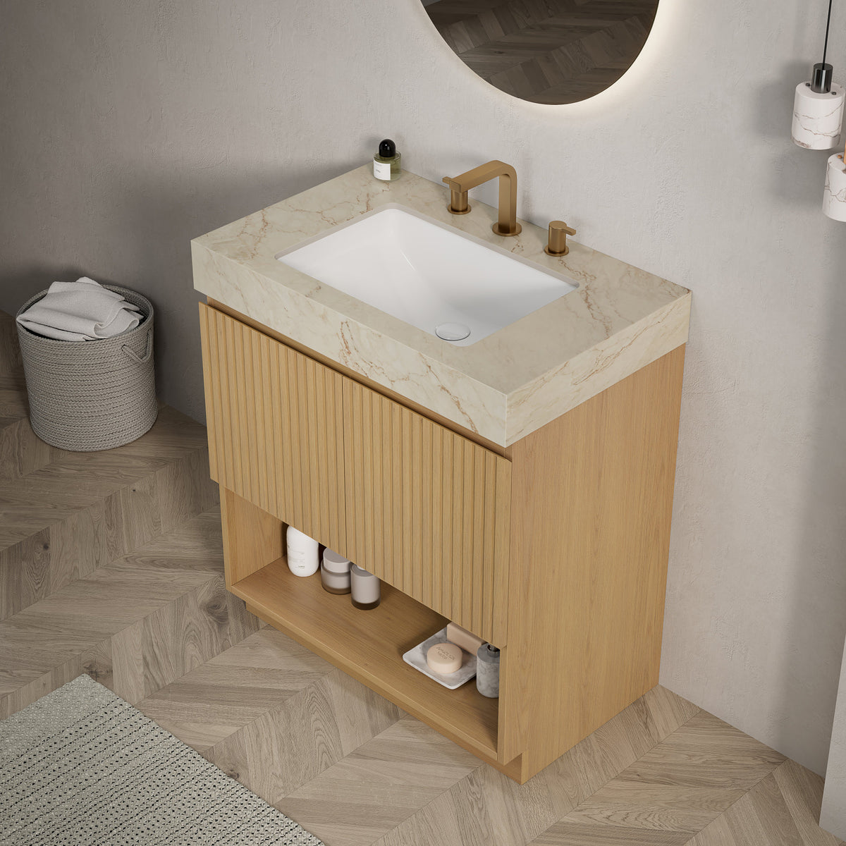 FINO 30" Bathroom Vanity&Sink,Freestanding Cabinet,Cream Gold Vein Sintered Stone Top&Ceramic Basin with 3 Pre-drilled Faucet Holes, Disassembled, Faucet & Drain Excluded, Corolla Oak Woodgrain Color