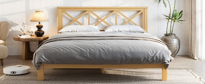 Queen Platform Bed with ''X'' Design Headboard, Bamboo-made Bed Frame Queen Size with Suppport Slats, Mid-century Style, Natural