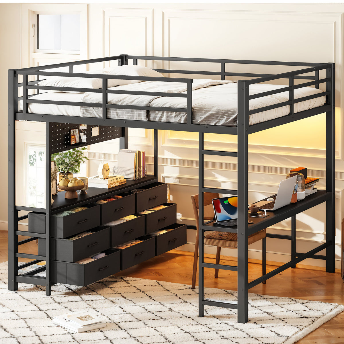 Queen Size Loft Bed with Desk, Loft Bed with Drawers, Loft Bed with Led Light and USB, Sturdy Loft bed Frame, Loft Bed with Mirror, Multi-Functional High Loft Bed for Teens Adults.Black