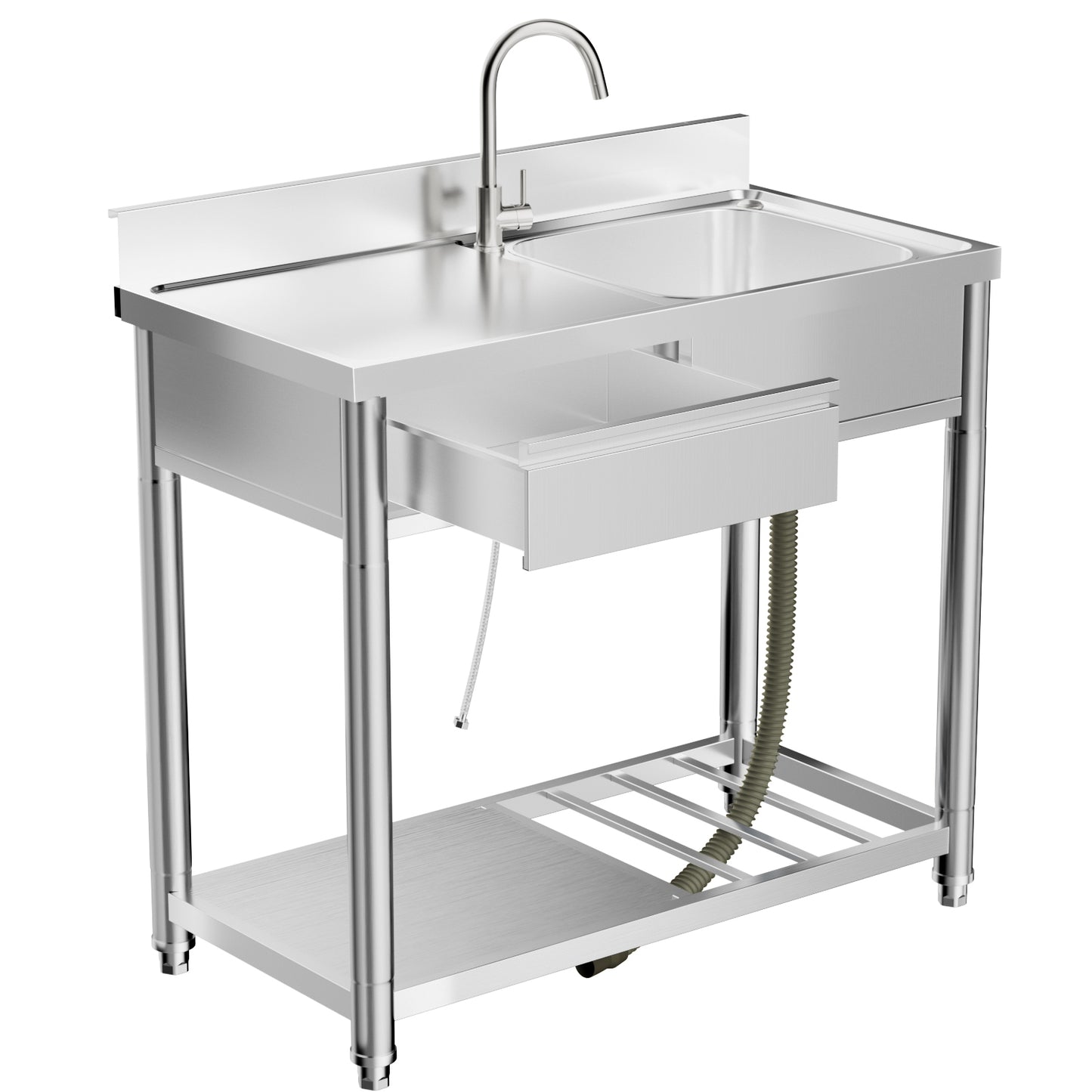 Stainless Steel Outdoor Utility Sink with Workbench & Storage Shelf, Freestanding Prep Table with Left Drawer, 39' Garden Patio Sink Station with 360° Hot & Cold Water Faucet in Silver