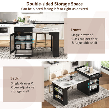 K&K 59.5" Kitchen Island with Extendable Dining Table, Kitchen Storage Table with Double-sided Storage, Kitchen Island with 2 Drawers