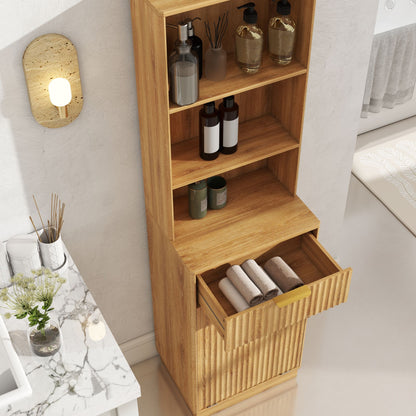Tall Narrow Fluted Storage Cabinet with 10-Gallon Hidden Trash Bin Compartment, Freestanding Cabinet, Fixed Open Shelves & Drawer, Anti‑Tip for Kitchen Home‑Office Living Room (Trash Can NOT Included)