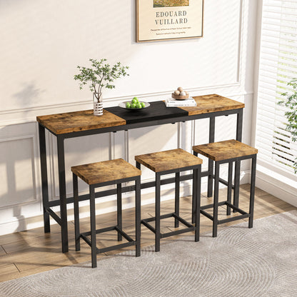 Modern Design Kitchen Dining Table, Pub Table, Long Dining Table Set with 3 Stools, Convenient Hanging Stool Design, Natural+Black