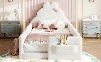 Twin Size Upholstered Floor bed, LowtoGround floor bed, Soft Padded Upholstered Kids bed, Safe Children Bed Frame with Side Storage Pocket for Kids.White
