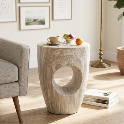 19.29"H Modern Round MgO Side Table with Cutout Accent, Faux Marble Outdoor Garden Stool & Indoor End Table, Weather Resistant Decorative Accent Table, No Assembly Required,Gray Marble