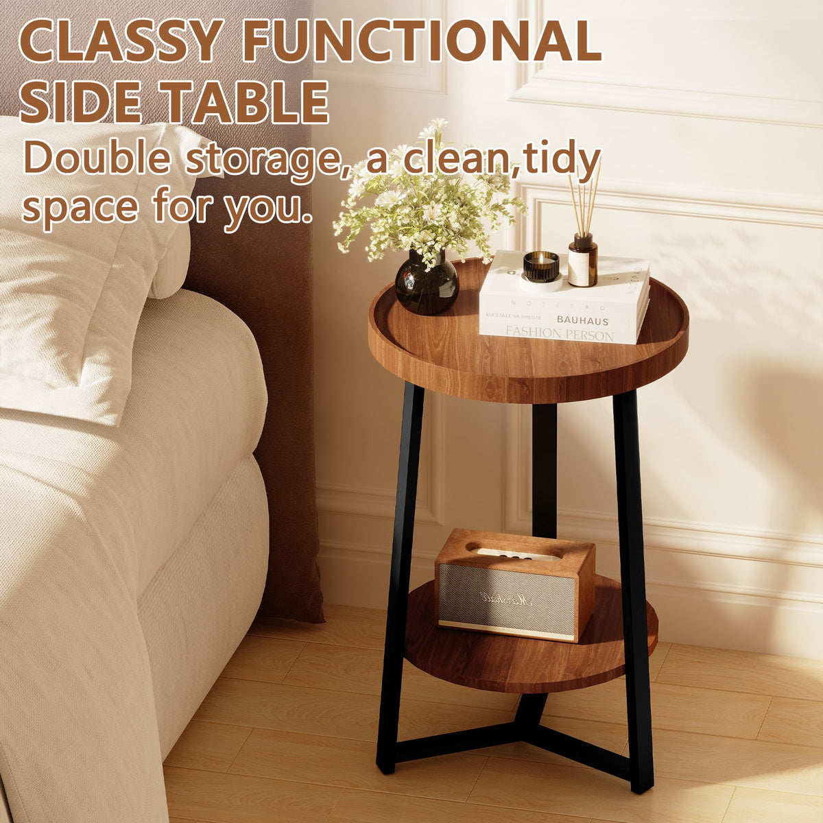 End Table with Storage, 2-Tier Small Round Side Table, Farmhouse Accent Table & Nightstand for Living Room, Bedroom & Small Spaces, Wood Top, Black Metal Frame, Brown