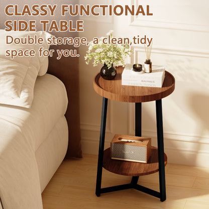 End Table with Storage, 2-Tier Small Round Side Table, Farmhouse Accent Table & Nightstand for Living Room, Bedroom & Small Spaces, Wood Top, Black Metal Frame, Brown