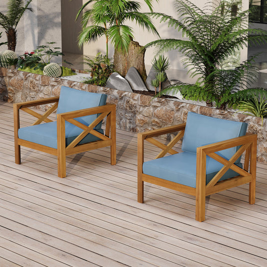 Outdoor Acacia Wood Club Wooden Armchair with Cushions (Set of 2), Conversation Set,Teak Finish,Blue cushion