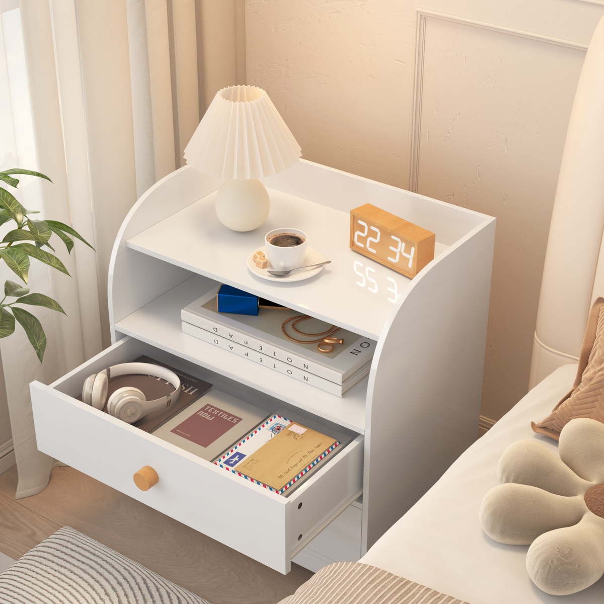 White Nightstand with 2 Drawers and Open Shelf, MDF Bedside Table with Curved Side Panels, Modern End Table for Bedroom, Kids Room, Nursery, Living Room, Storage Cabinet for Adults and Children