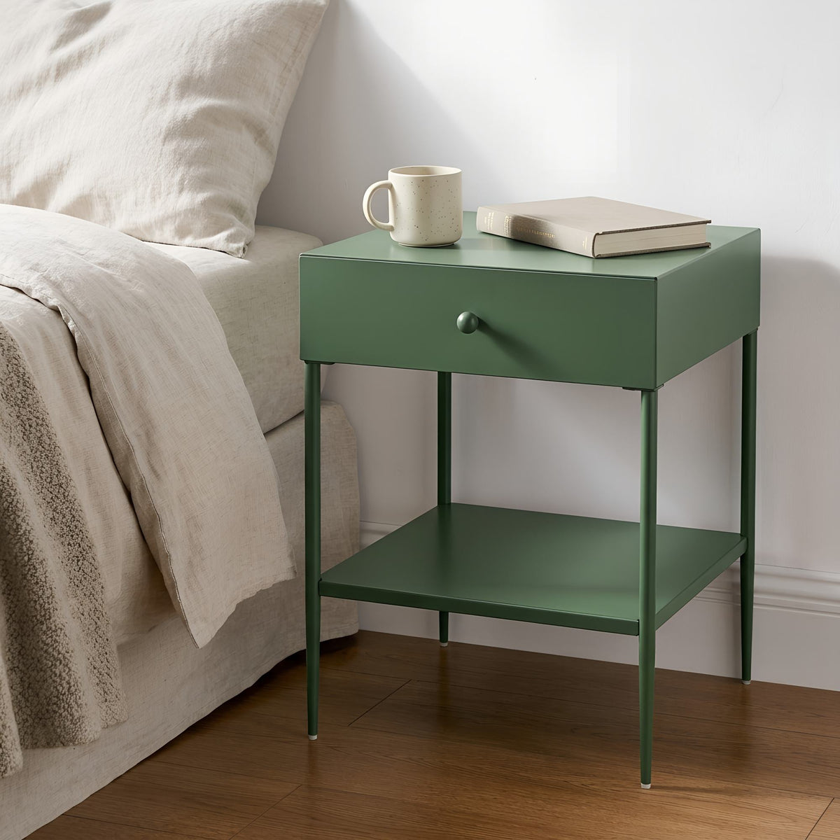 Colette Vintage Green Metal 1-Drawer Nightstand with Bottom Shelf & Tapered Legs