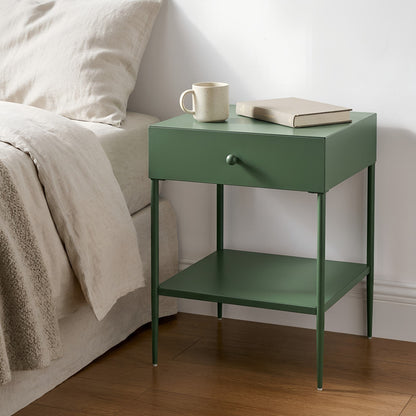 Colette Vintage Green Metal 1-Drawer Nightstand with Bottom Shelf & Tapered Legs