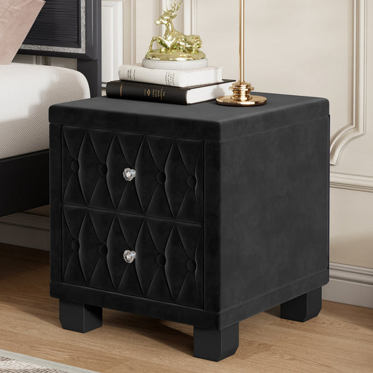 Elegant Velvet Nightstand with 2 Drawers and Crystal Handle, Storage Bedside Table with Button-Tufted, Black(Old SKU:N733P210398B)
